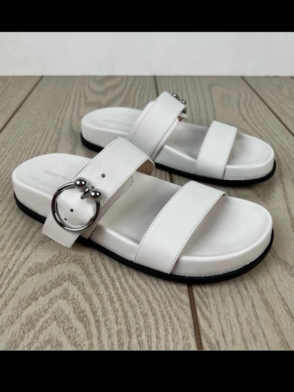 Stuart Weitzman Joni Leather Footbed Buckle Strap Slide Sandals 5.5B White $325